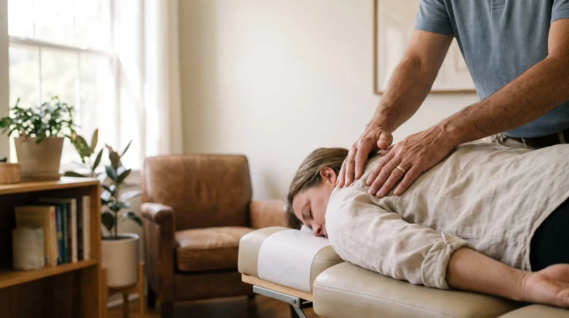 Practitioner's hands on back of woman on table