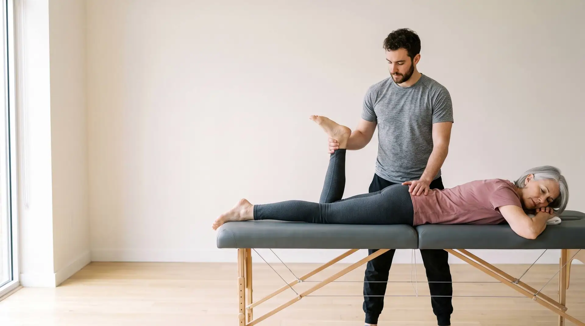 Therapist stretching leg of woman lying face down