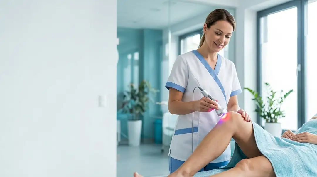 Clinician applying laser device to patient's knee