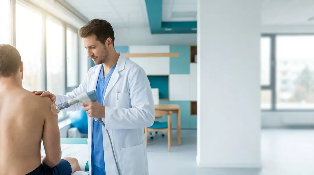 SoftWave Therapy — Clinician applying shockwave device to patient's shoulder